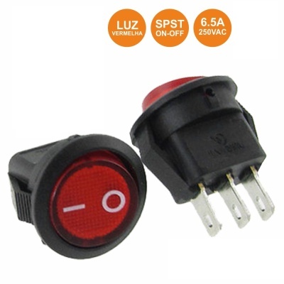 Interruptor redondo de botão vermelho com terminais metálicos