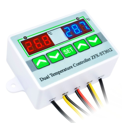 Controlador de temperatura duplo com ecrã LED e botões verdes