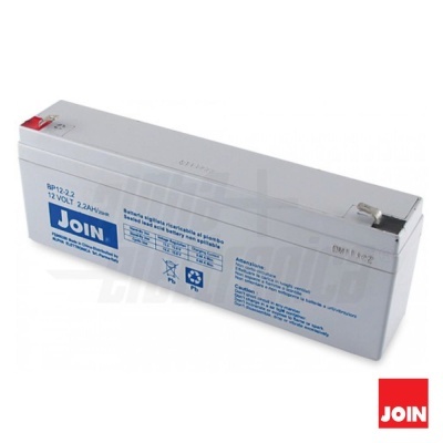 Bateria recarregável Join de 12V 2,2Ah branca com etiquetas azuis e terminais metálicos
