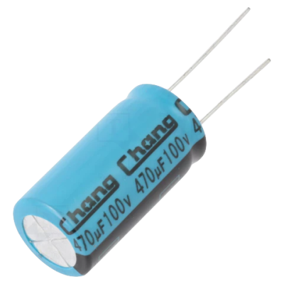 Condensador eletrolítico azul com texto preto e terminais de metal