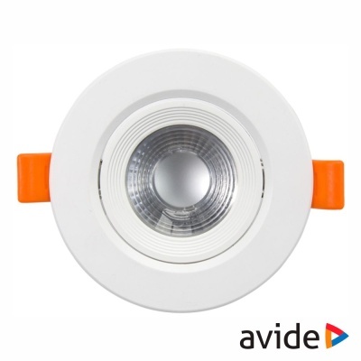Luz embutida circular branca com suportes laranja e logo AVIDE
