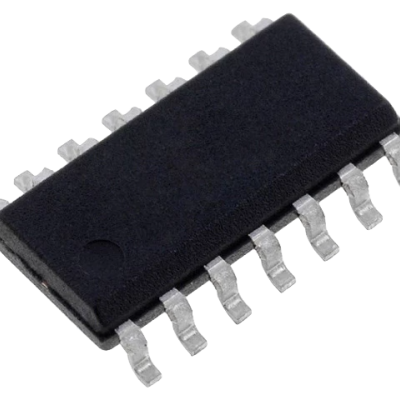 Microchip preto com 14 pinos metálicos sobre fundo branco