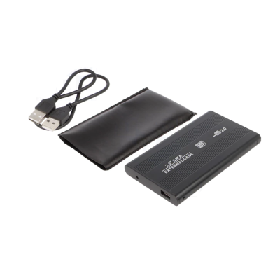 Caixa externa para disco rígido preta com cabo USB e bolsa de transporte