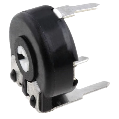 Potenciômetro preto com terminais metálicos