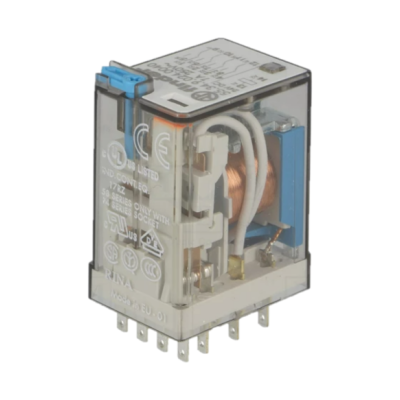 Relé elétrico transparente com bobina e pinos metálicos