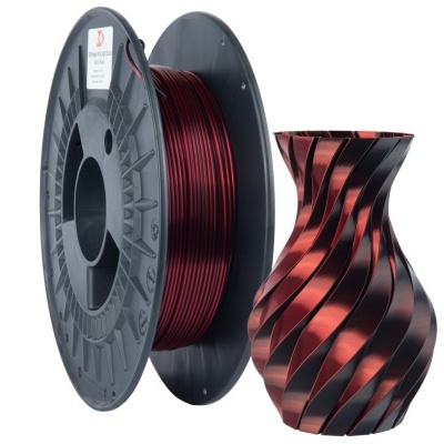 Bobina de filamento PLA preto e vermelho com vaso 3D impresso em espiral