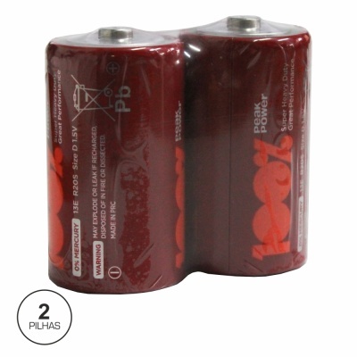 Pacote com 2 pilhas D vermelho escuro com texto branco e vermelho