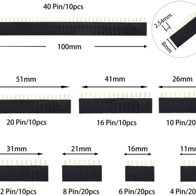 Conectores de pinos metálicos dourados e base preta com várias dimensões e quantidades indicadas.