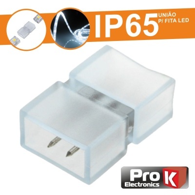 Conector translúcido para fita LED IP65 com pinos metálicos e logo Pro K Electronics