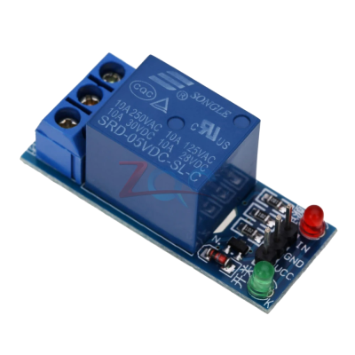 Placa de relé azul com especificações e LEDs indicador