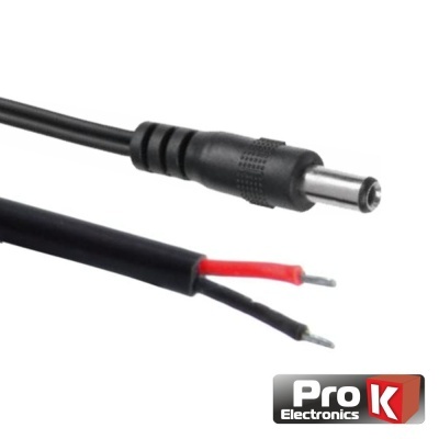 Cabo com conector DC e pontas vermelha e preta expostas e logótipo Pro K Electronics