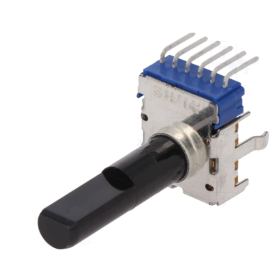 Potenciômetro rotativo preto com corpo metálico e pinos expostos