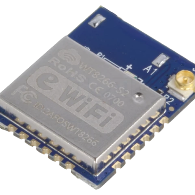 Módulo eletrônico azul com componente metálico prateado e texto de identificação