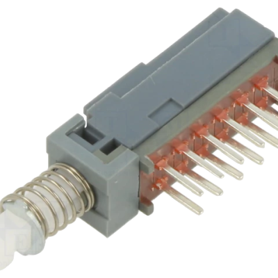 Interruptor tátil cinzento com mola, pino branco e 12 terminais metálicos dourados