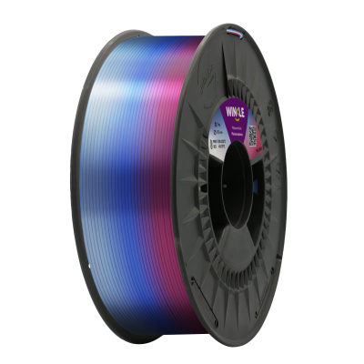 Rolo de filamento 3D azul e rosa com carretel cinza e etiqueta WINKLE