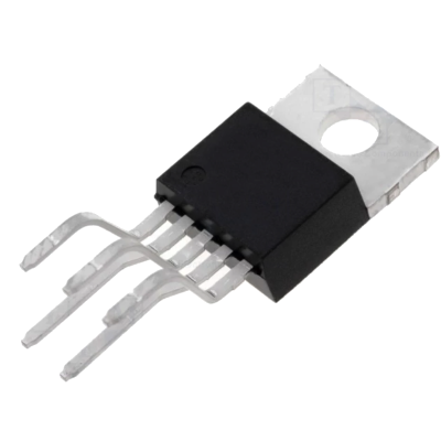 Componente eletrónico preto com pinos metálicos e aba com orifício