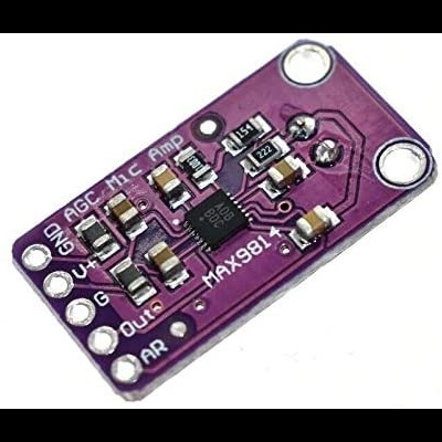 Placa eletrónica roxa com componentes eletrónicos e texto impresso MAX9814