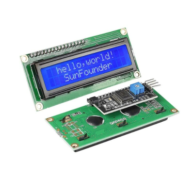 Dois módulos eletrónicos LCD verdes com ecrã azul e texto visível