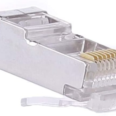 Conector RJ45 metálico com contactos dourados e trava de segurança