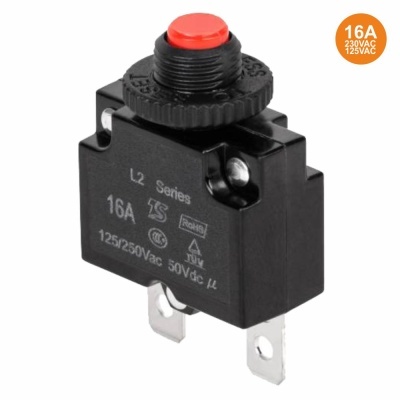 Interruptor de botão preto com botão vermelho e textos técnicos visíveis