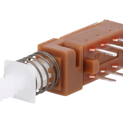 Comutador eletromecânico com mola, pinos metálicos e botão branco