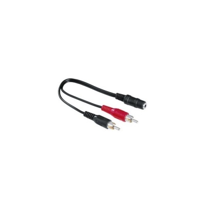 Adaptador de áudio com conector jack fêmea e dois plugues RCA macho preto e vermelho