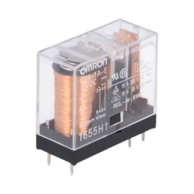 Relé transparente Omron com bobina de cobre e texto branco