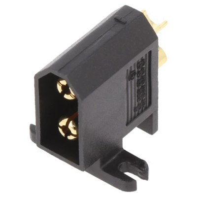 Adaptador elétrico preto com contactos dourados e texto em relevo