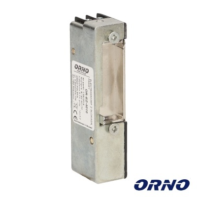 Fechadura elétrica metálica com etiqueta branca e logótipo ORNO