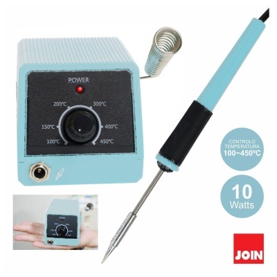 Estação de solda azul com controlo de temperatura e suporte metálico