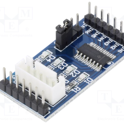 Placa eletrónica azul com pinos pretos e conector branco