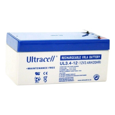 Bateria recarregável Ultracell com corpo branco e tampa azul