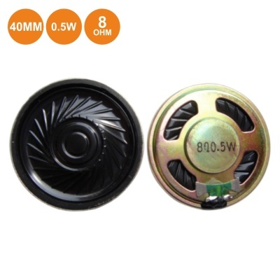 Dois altifalantes pequenos um preto e um dourado com texto 8Ω 0.5W, fundo branco e ícones laranja