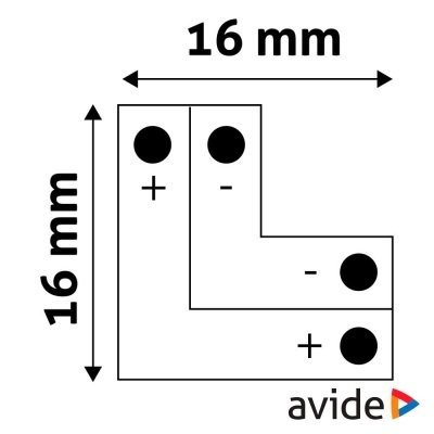 Conector em L branco com orifícios pretos e polaridades mostradas, dimensões 16 mm x 16 mm
