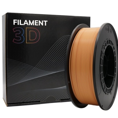 Rolo de filamento 3D castanho dourado com carretel preto e caixa preta com texto
