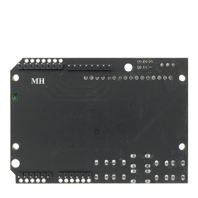 Placa eletrónica preta com conectores e texto MH