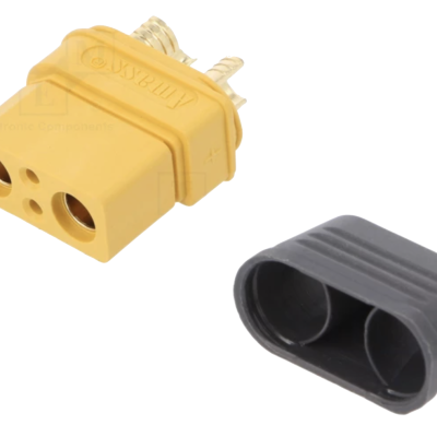 Conector elétrico amarelo com tampa preta destacada
