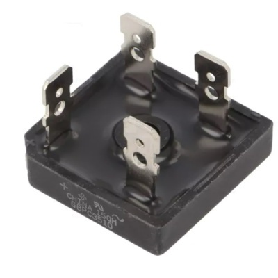 Ponte retificadora quadrada preta com quatro terminais metálicos