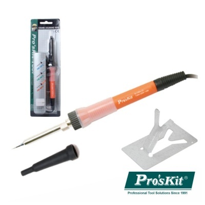 Aparelho de soldadura Pro'sKit com ferro de soldar, suporte metálico e massa de soldar na embalagem.