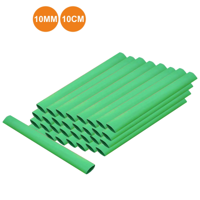 Tubos verdes de espuma empilhados com indicações de tamanho em bolhas laranja