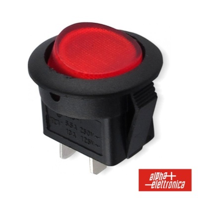 Botão interruptor redondo vermelho com base preta e terminais metálicos