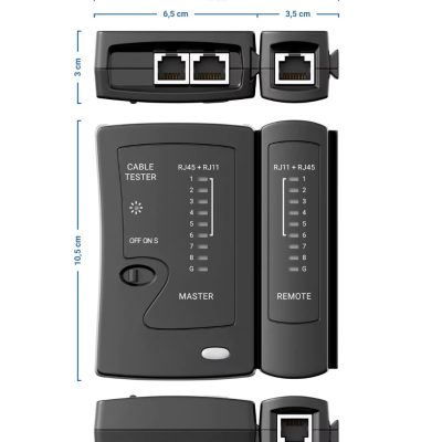 Dispositivo testador de cabos RJ45 RJ11 preto com indicadores numéricos e interruptor