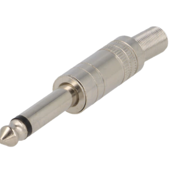 Conector jack metálico prateado de 6,35 mm com anel preto isolador