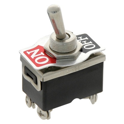 Interruptor basculante com etiquetas ON e OFF, três terminais metálicos
