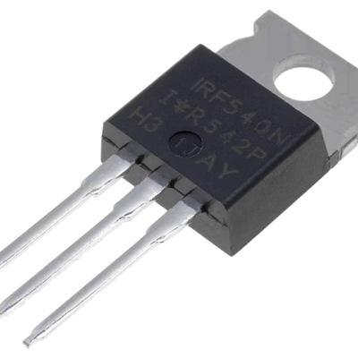 Transístor IRF540N preto com três pernos metálicos e texto impresso