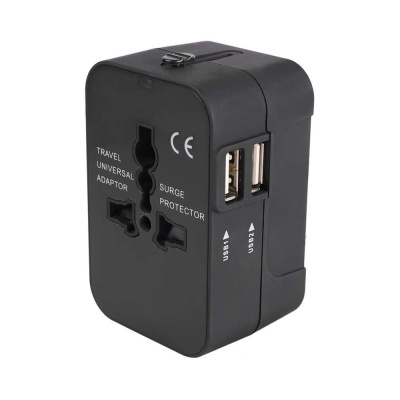 Adaptador de viagem universal preto com duas portas USB