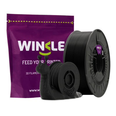 Filamento 3D preto da Winkle com embalagem roxa e figura caracol impressa