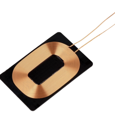 Bobina de indução em cobre sobre base preta retangular