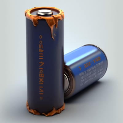 Duas pilhas cilíndricas azuis com texto laranja e resíduos laranja no topo e base