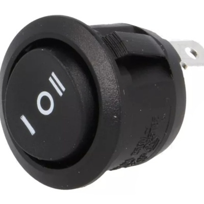 Interruptor redondo preto com símbolos brancos em fundo branco.